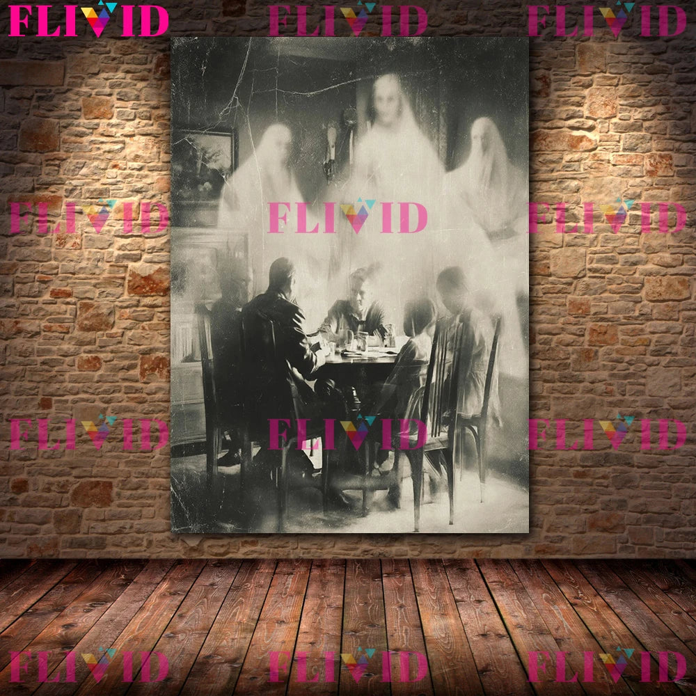 Ghost At The Dinner Table Vintage Horror Photography Wall Art Canvas Painting,Creepy Old Photo,Gothic Art Poster Print Decor