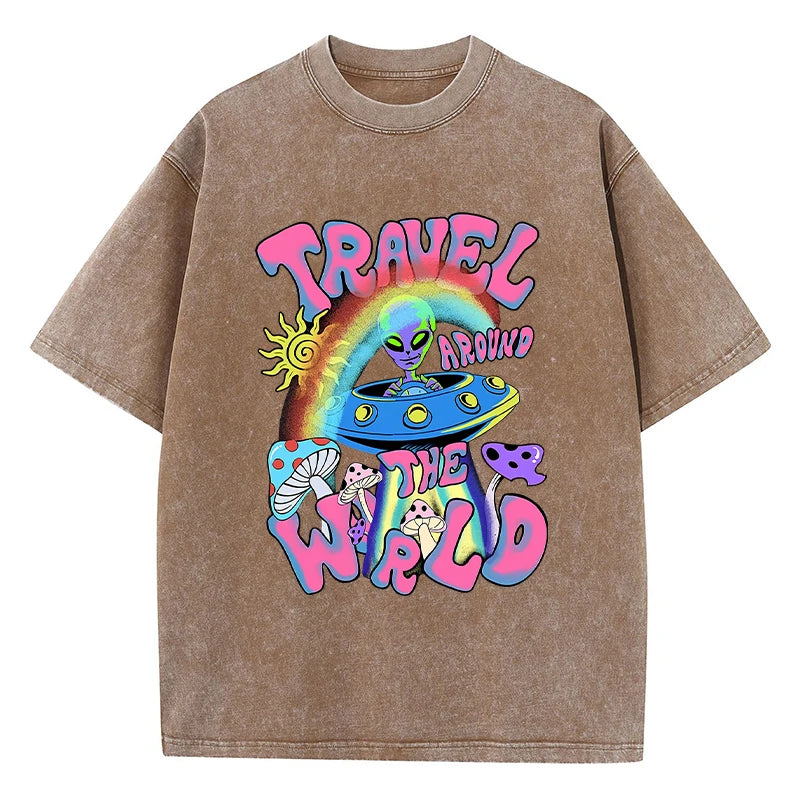 Alien Ufo Travel Around The World Print Women T-Shirt Soft Casual T Shirts Street Breathable Short Sleeve Casual O-Neck T Shirt