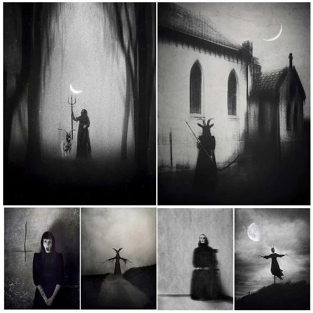 Scary Ghosts On The Hillside Vintage Wall Art Canvas Painting The Demonic Shadow That Roams The Village Art Poster Print Decor