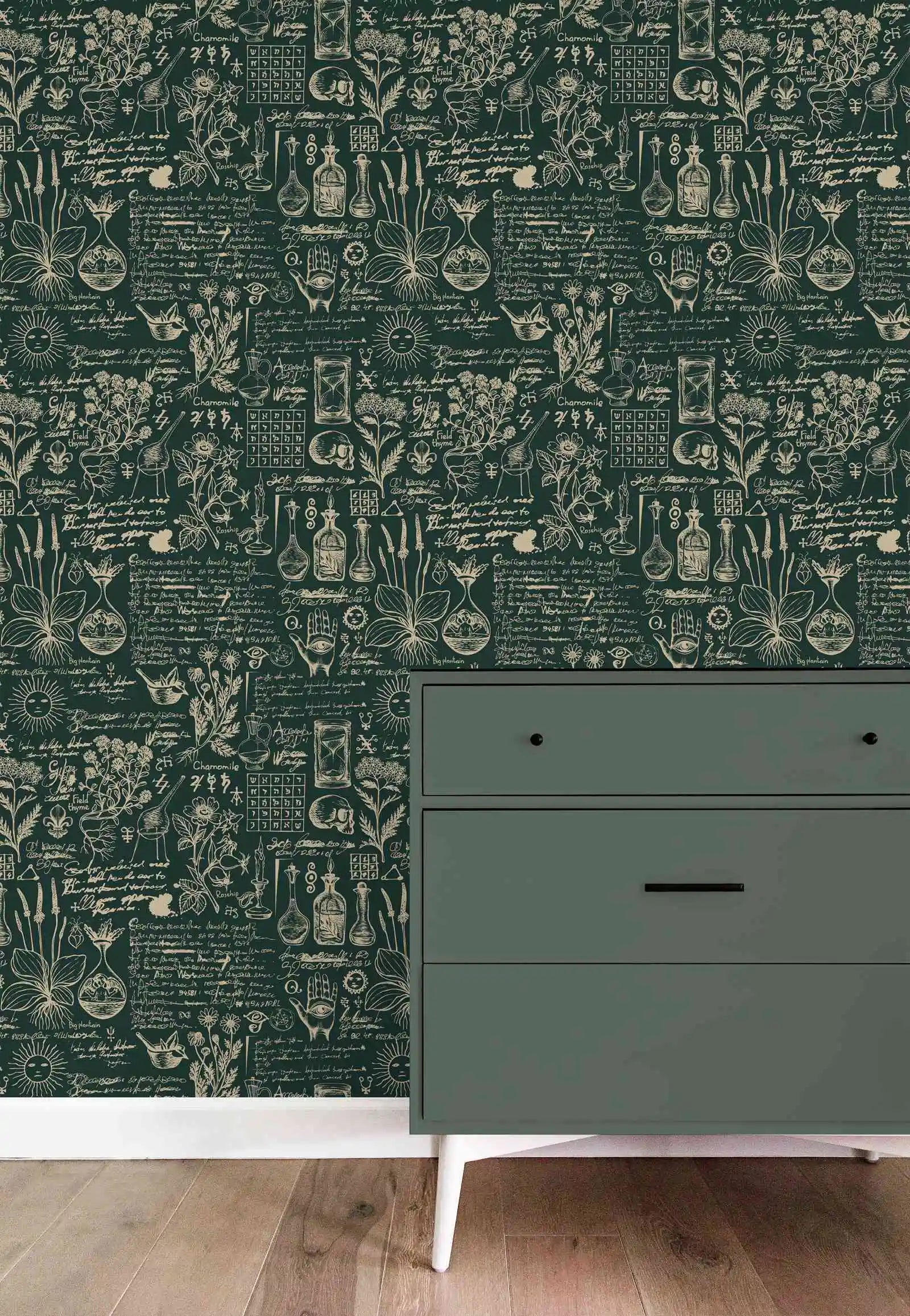 Green Medicine And Herbal Wallpaper - Beige Design Wallpaper Mural ,Retro Style Mural - Wall Art Decor Peel And Stick Wall Paper