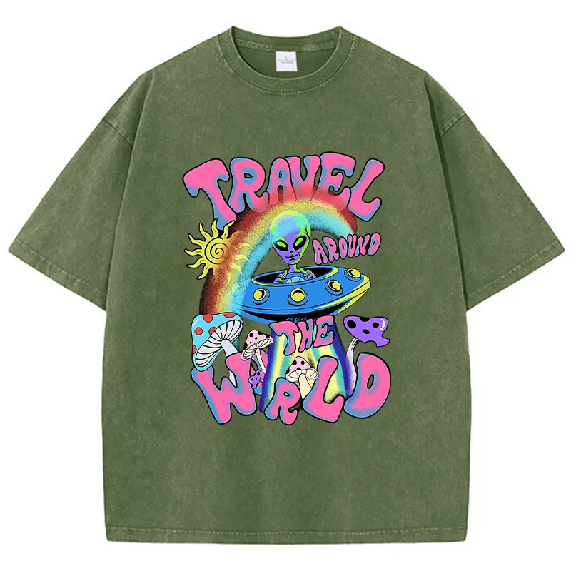 Alien Ufo Travel Around The World Print Women T-Shirt Soft Casual T Shirts Street Breathable Short Sleeve Casual O-Neck T Shirt