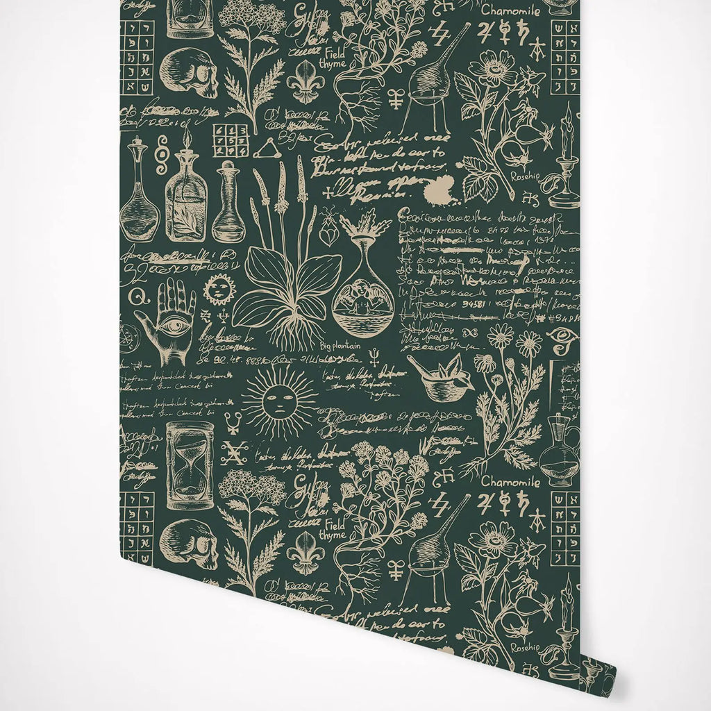 Green Medicine And Herbal Wallpaper - Beige Design Wallpaper Mural ,Retro Style Mural - Wall Art Decor Peel And Stick Wall Paper