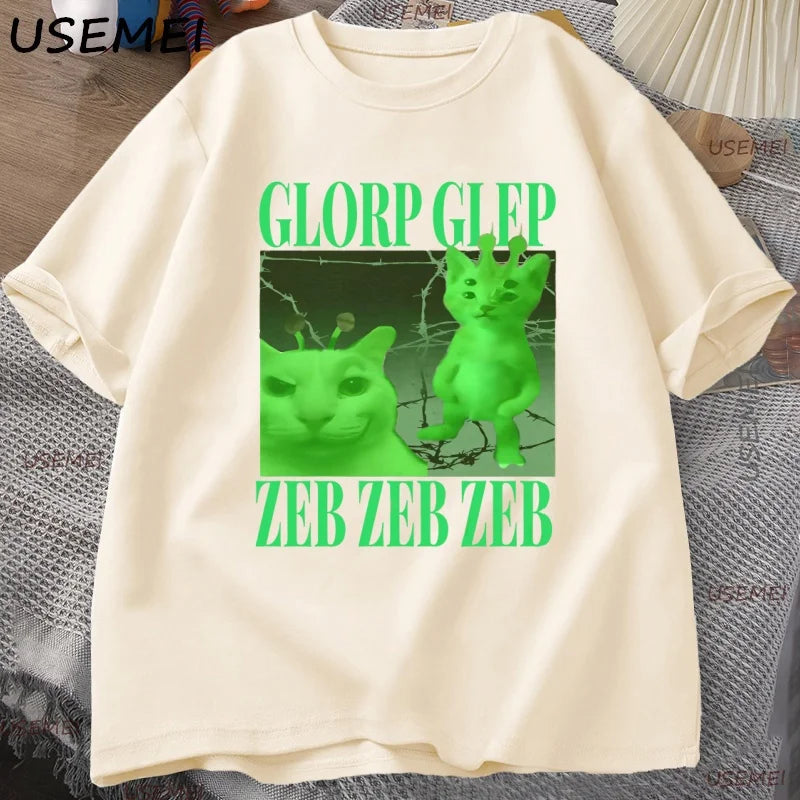 Green Alien Cat T Shirt Men Women Cat Meme Tee Silly Cute T-Shirt Cotton Short Sleeve Casual Round Neck Tshirt Streetwear