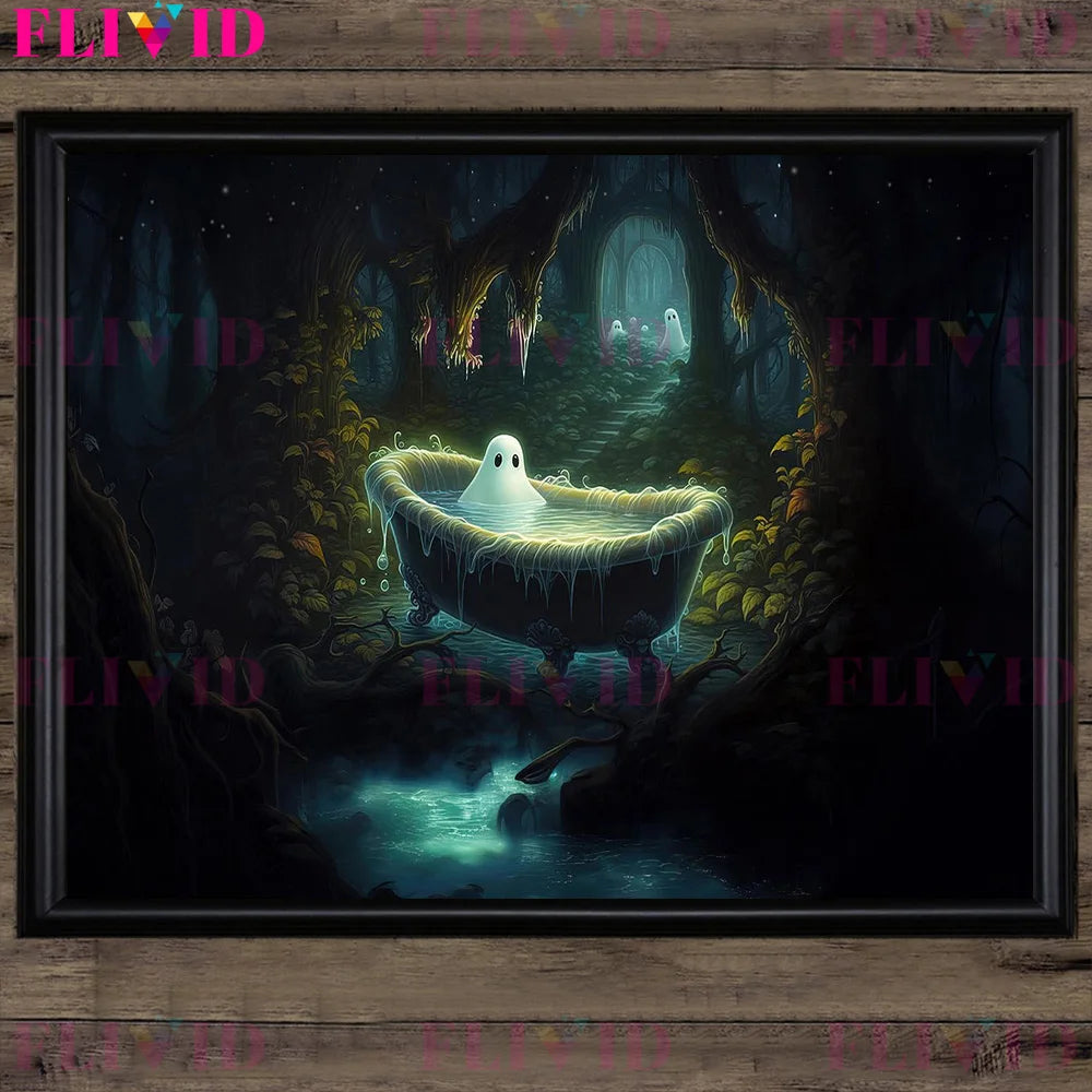 Ghost In Cafeteria,Ghost In Lavender Garden,Fantasy Wall Art Canvas Painting Funny Gothic Ghost Artwork Poster Print Home Decor