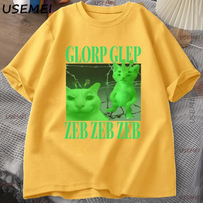 Green Alien Cat T Shirt Men Women Cat Meme Tee Silly Cute T-Shirt Cotton Short Sleeve Casual Round Neck Tshirt Streetwear
