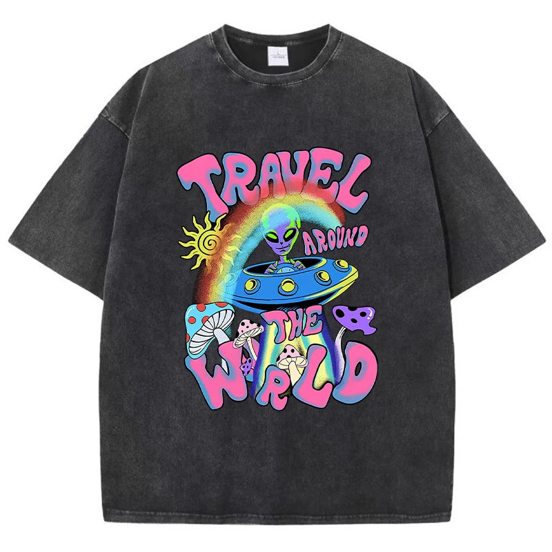 Alien Ufo Travel Around The World Print Women T-Shirt Soft Casual T Shirts Street Breathable Short Sleeve Casual O-Neck T Shirt