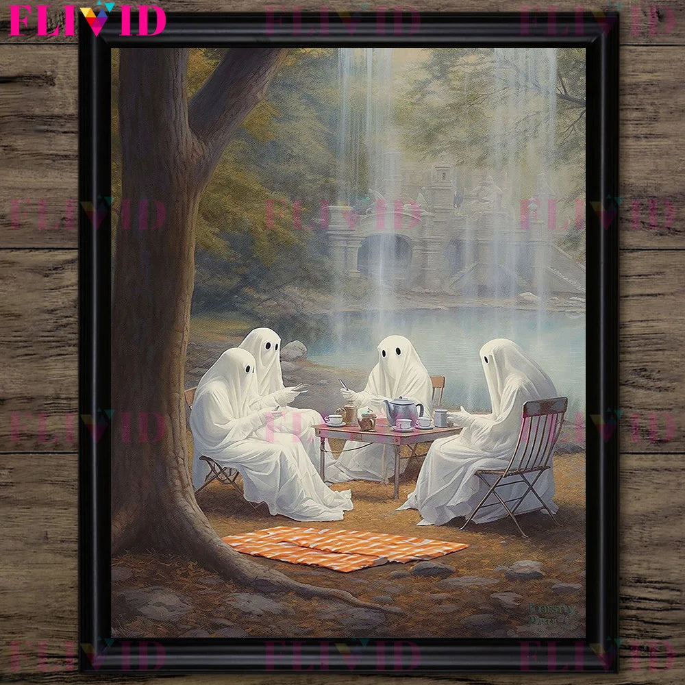 Ghost In Cafeteria,Ghost In Lavender Garden,Fantasy Wall Art Canvas Painting Funny Gothic Ghost Artwork Poster Print Home Decor