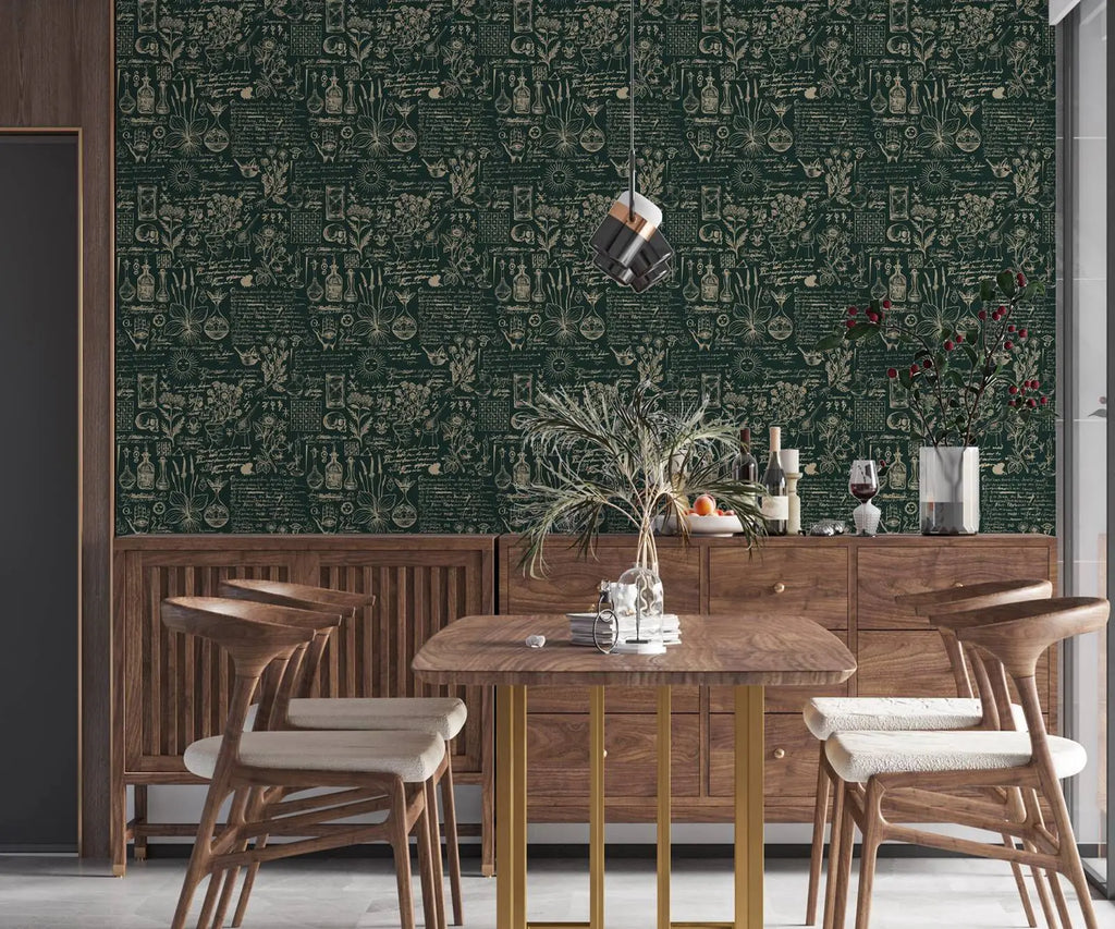Green Medicine And Herbal Wallpaper - Beige Design Wallpaper Mural ,Retro Style Mural - Wall Art Decor Peel And Stick Wall Paper