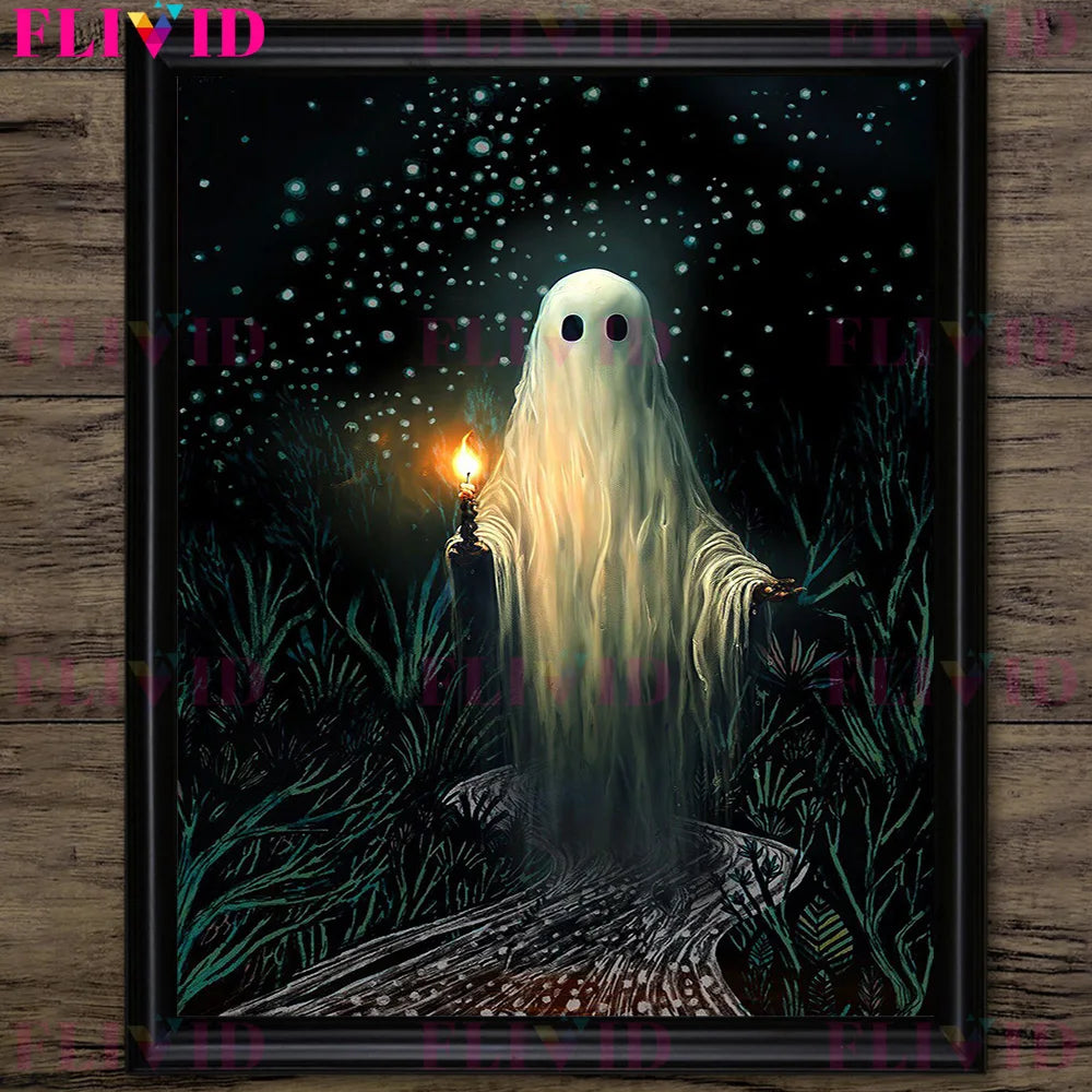 Ghost In Cafeteria,Ghost In Lavender Garden,Fantasy Wall Art Canvas Painting Funny Gothic Ghost Artwork Poster Print Home Decor