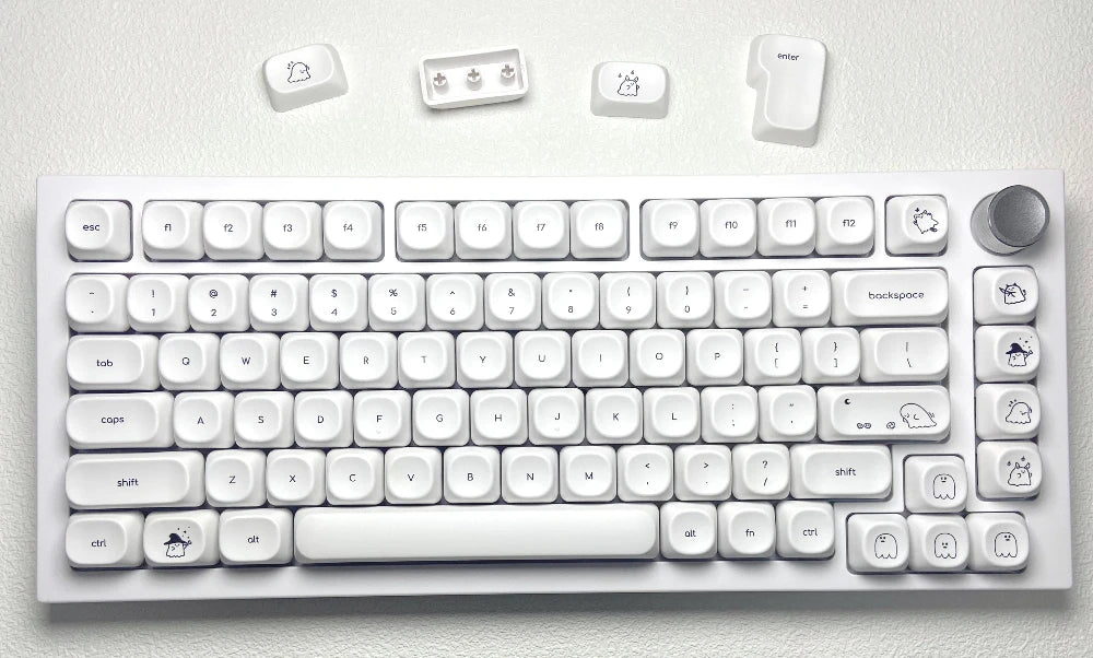 Cute Ghost Small Font Keycaps for Custom Mechanical Keyboard PBT MOA Ball Cap White Minimalist Keycaps Gaming Keyboard