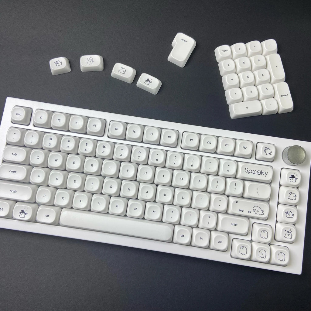 Cute Ghost Small Font Keycaps for Custom Mechanical Keyboard PBT MOA Ball Cap White Minimalist Keycaps Gaming Keyboard
