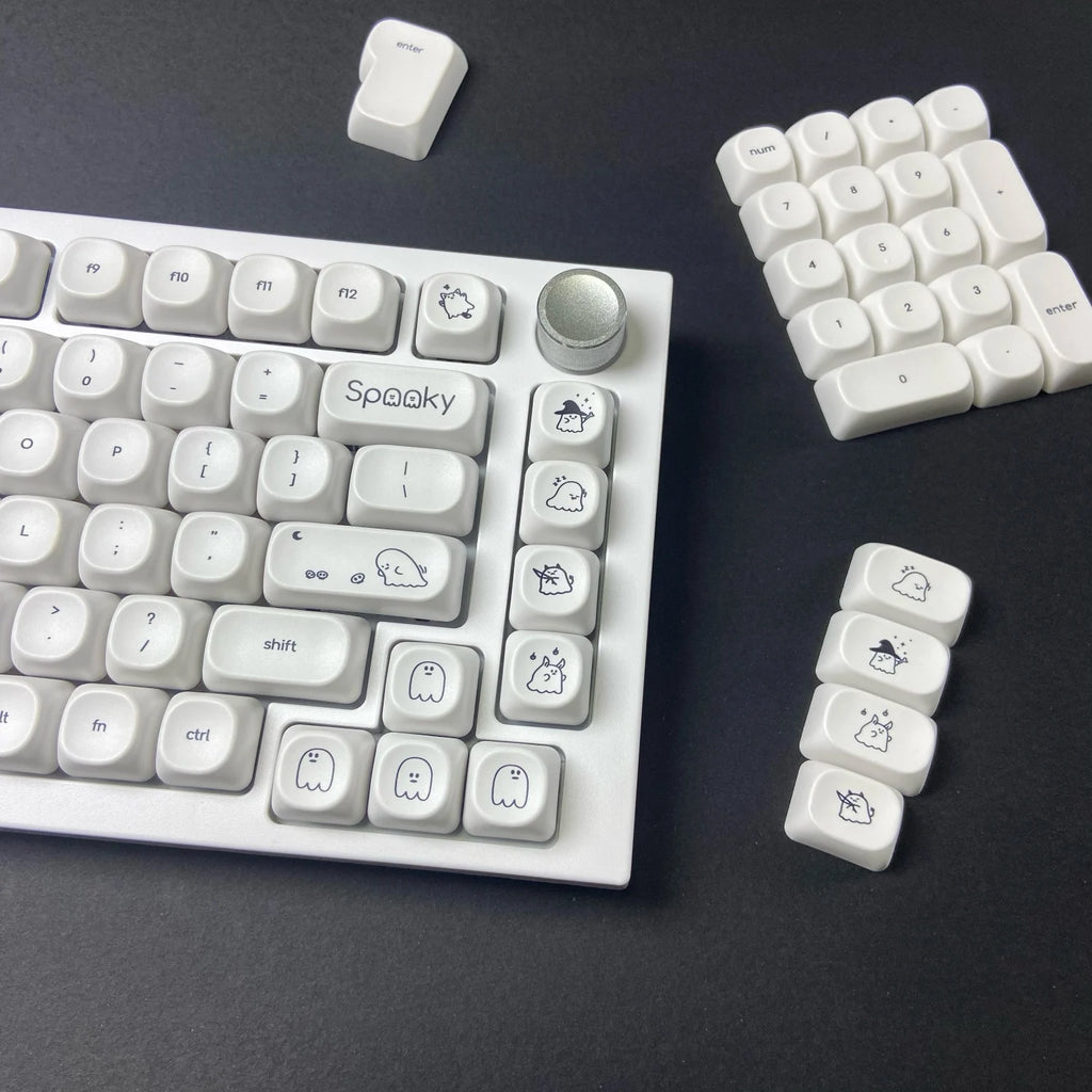 Cute Ghost Small Font Keycaps for Custom Mechanical Keyboard PBT MOA Ball Cap White Minimalist Keycaps Gaming Keyboard