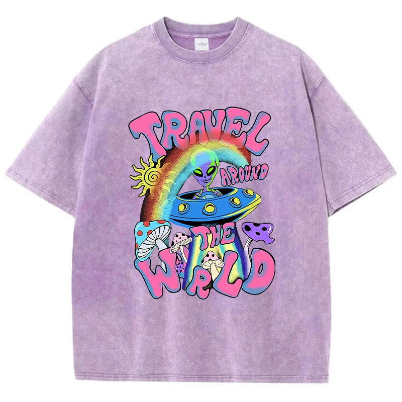 Alien Ufo Travel Around The World Print Women T-Shirt Soft Casual T Shirts Street Breathable Short Sleeve Casual O-Neck T Shirt