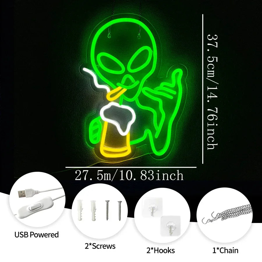 Alien Led Neon Lights Sign for Wall Decor Game Room Home Bar Party Bedroom Man Cave Decor, Gifts for Kids Teen Boy Room Decor