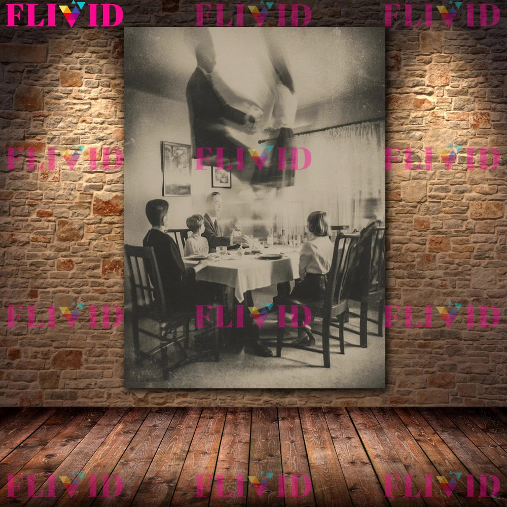 Ghost At The Dinner Table Vintage Horror Photography Wall Art Canvas Painting,Creepy Old Photo,Gothic Art Poster Print Decor