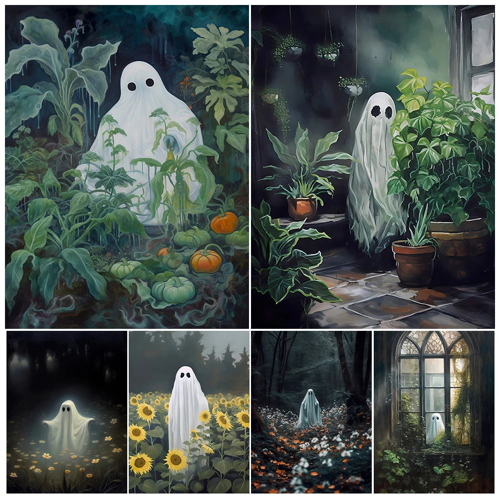 Ghosts Who Love Plants And Flowers Vintage Wall Art Canvas Painting Haunting Ghost Art Poster And Print For Living Room Decor