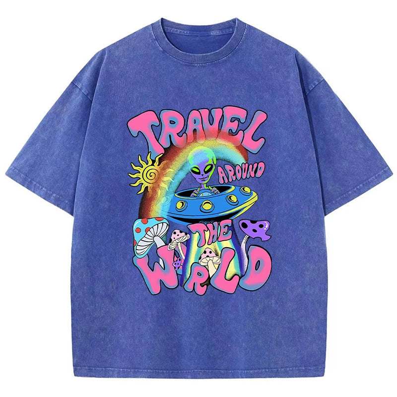 Alien Ufo Travel Around The World Print Women T-Shirt Soft Casual T Shirts Street Breathable Short Sleeve Casual O-Neck T Shirt