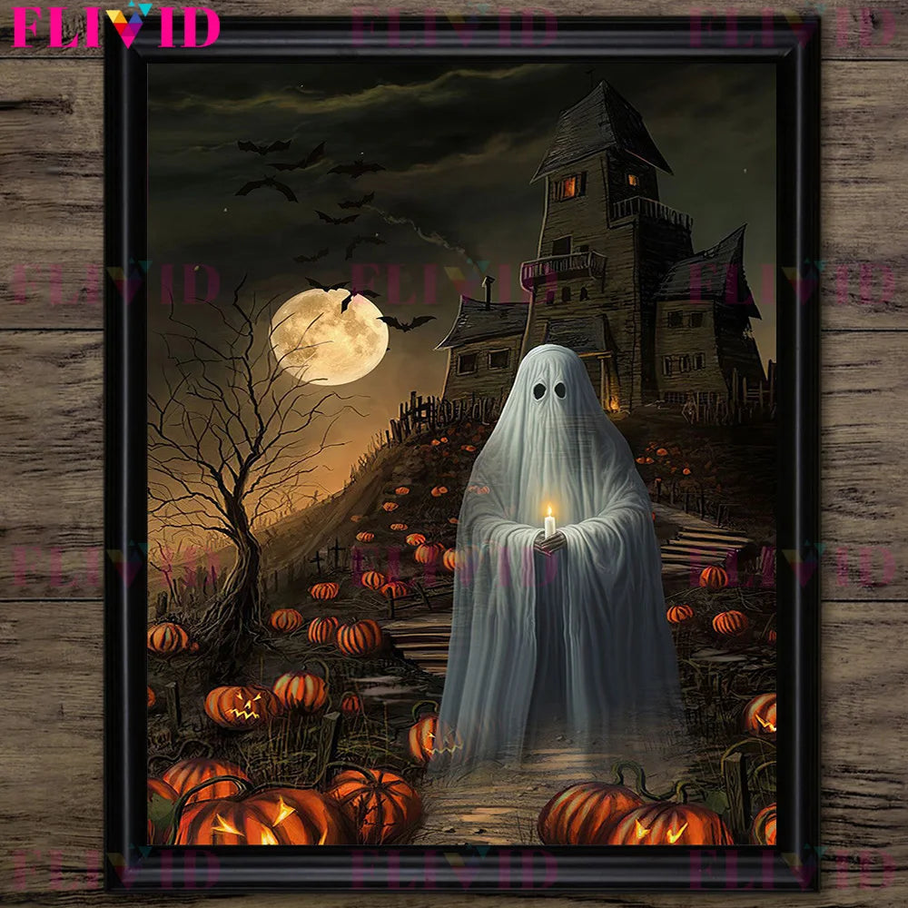 Ghost In Cafeteria,Ghost In Lavender Garden,Fantasy Wall Art Canvas Painting Funny Gothic Ghost Artwork Poster Print Home Decor