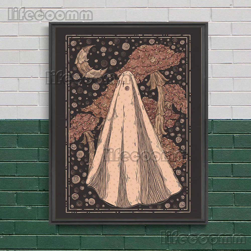 Ghost Tarot Abstract Wall Art Canvas Painting,Cute Ghost Artwork  Illustration Poster And Print For Living Room Decor Unframed
