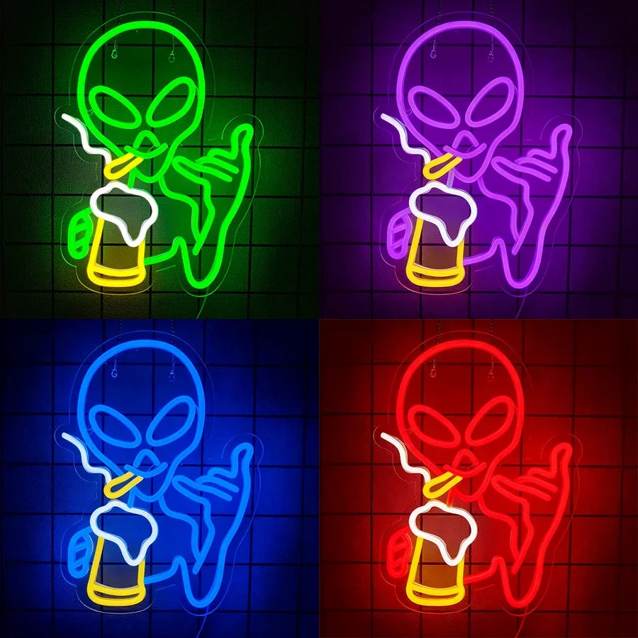 Alien Led Neon Lights Sign for Wall Decor Game Room Home Bar Party Bedroom Man Cave Decor, Gifts for Kids Teen Boy Room Decor