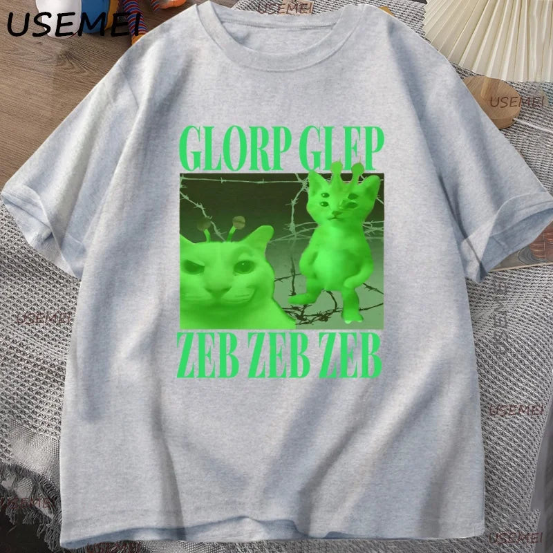 Green Alien Cat T Shirt Men Women Cat Meme Tee Silly Cute T-Shirt Cotton Short Sleeve Casual Round Neck Tshirt Streetwear