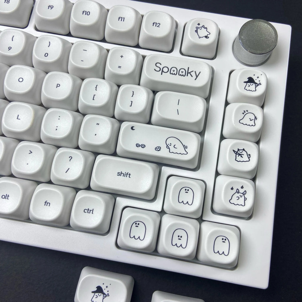 Cute Ghost Small Font Keycaps for Custom Mechanical Keyboard PBT MOA Ball Cap White Minimalist Keycaps Gaming Keyboard