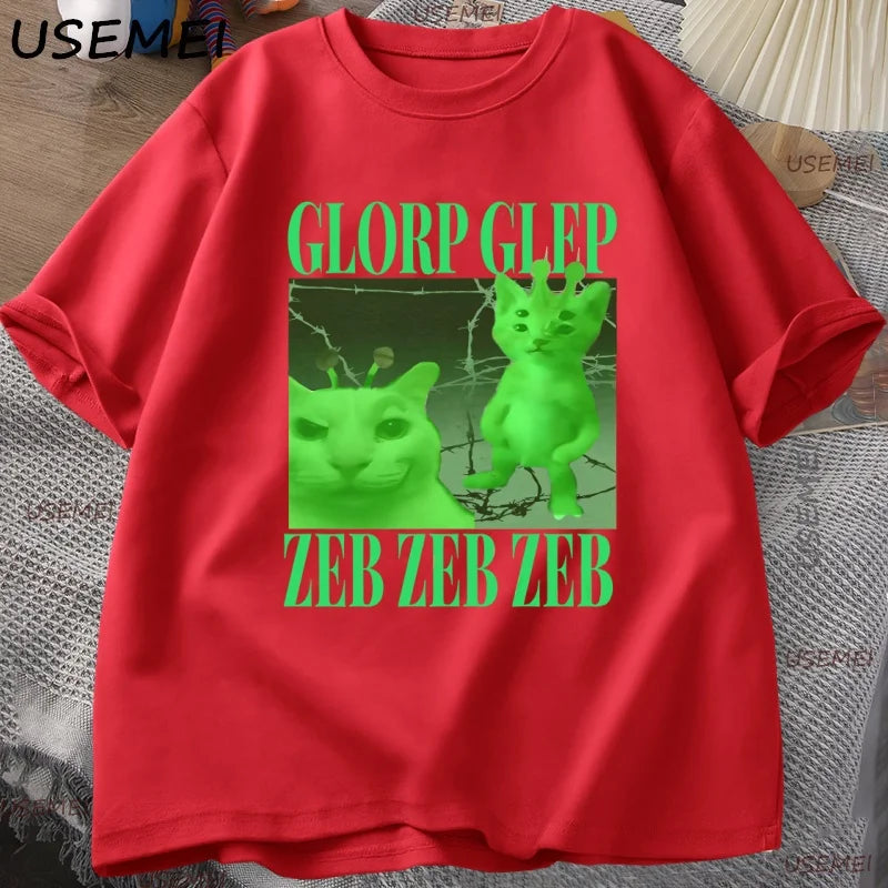 Green Alien Cat T Shirt Men Women Cat Meme Tee Silly Cute T-Shirt Cotton Short Sleeve Casual Round Neck Tshirt Streetwear