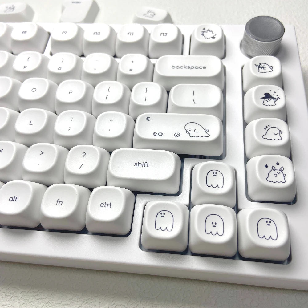 Cute Ghost Small Font Keycaps for Custom Mechanical Keyboard PBT MOA Ball Cap White Minimalist Keycaps Gaming Keyboard