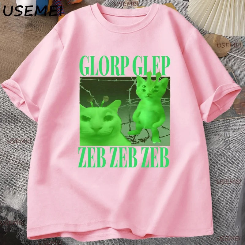 Green Alien Cat T Shirt Men Women Cat Meme Tee Silly Cute T-Shirt Cotton Short Sleeve Casual Round Neck Tshirt Streetwear