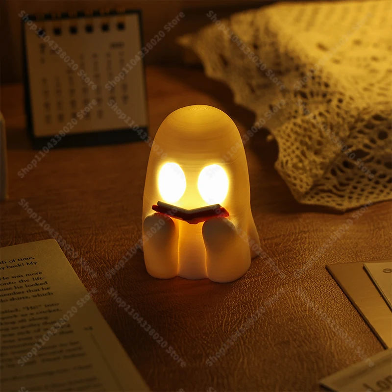 Reading Ghost Model Adorable Spirit Statue with Open Book, Spooky Cute Desk Decor for Halloween/Gifts