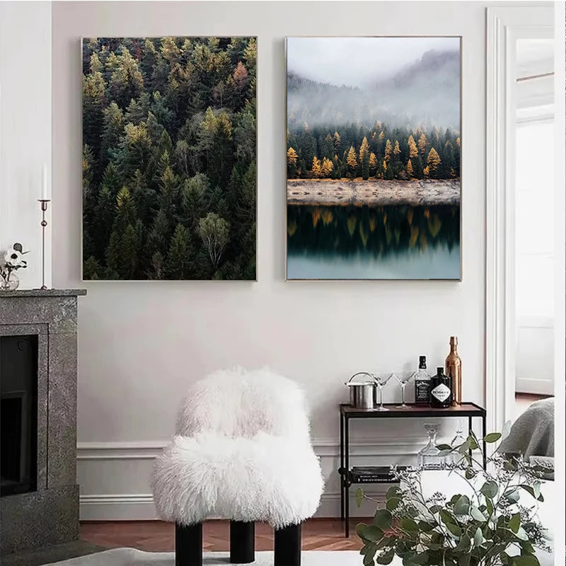 Beautiful Dark Green Forest Foggy Mountain Landscape Nature Scenery Poster Canvas Painting Wall Art Pictures Home Room Decor