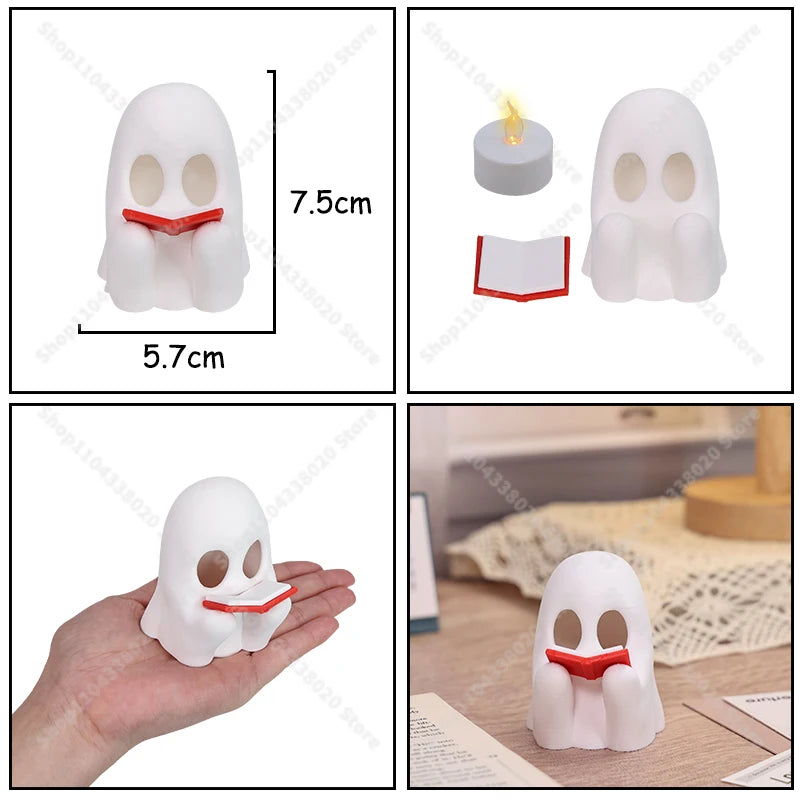 Reading Ghost Model Adorable Spirit Statue with Open Book, Spooky Cute Desk Decor for Halloween/Gifts