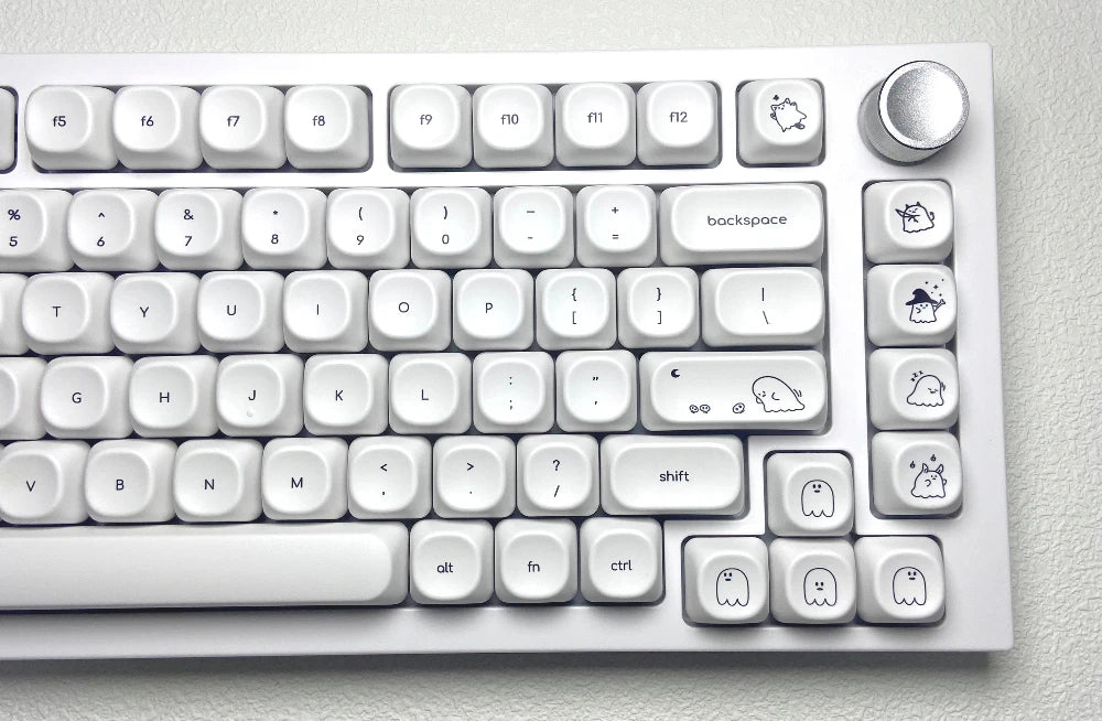 Cute Ghost Small Font Keycaps for Custom Mechanical Keyboard PBT MOA Ball Cap White Minimalist Keycaps Gaming Keyboard