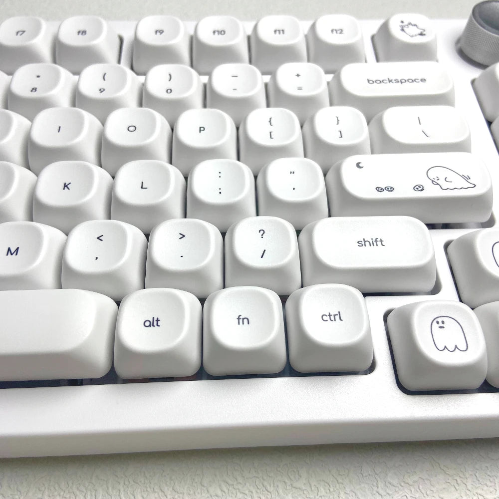Cute Ghost Small Font Keycaps for Custom Mechanical Keyboard PBT MOA Ball Cap White Minimalist Keycaps Gaming Keyboard