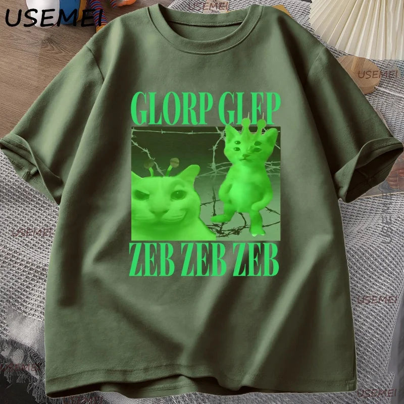 Green Alien Cat T Shirt Men Women Cat Meme Tee Silly Cute T-Shirt Cotton Short Sleeve Casual Round Neck Tshirt Streetwear