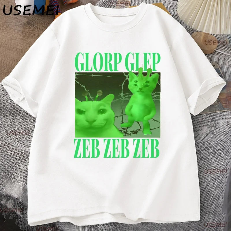 Green Alien Cat T Shirt Men Women Cat Meme Tee Silly Cute T-Shirt Cotton Short Sleeve Casual Round Neck Tshirt Streetwear