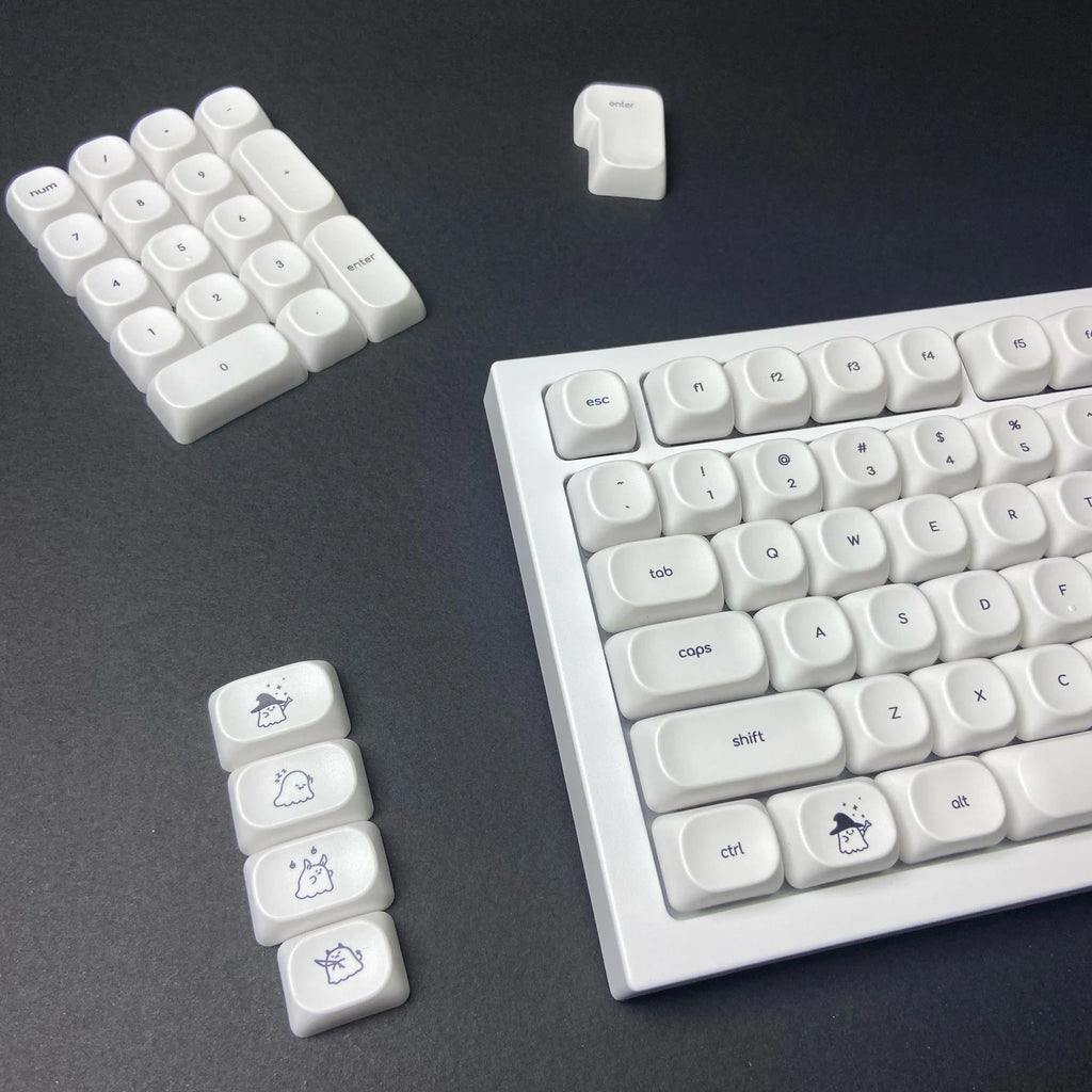 Cute Ghost Small Font Keycaps for Custom Mechanical Keyboard PBT MOA Ball Cap White Minimalist Keycaps Gaming Keyboard
