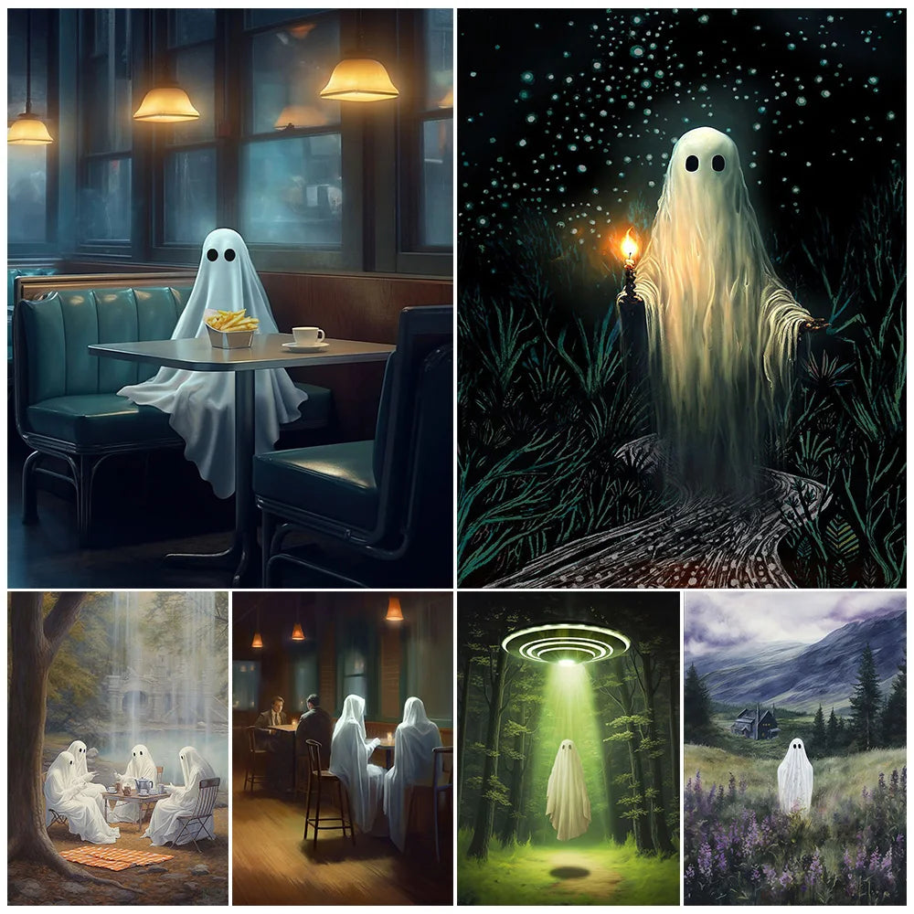 Ghost In Cafeteria,Ghost In Lavender Garden,Fantasy Wall Art Canvas Painting Funny Gothic Ghost Artwork Poster Print Home Decor