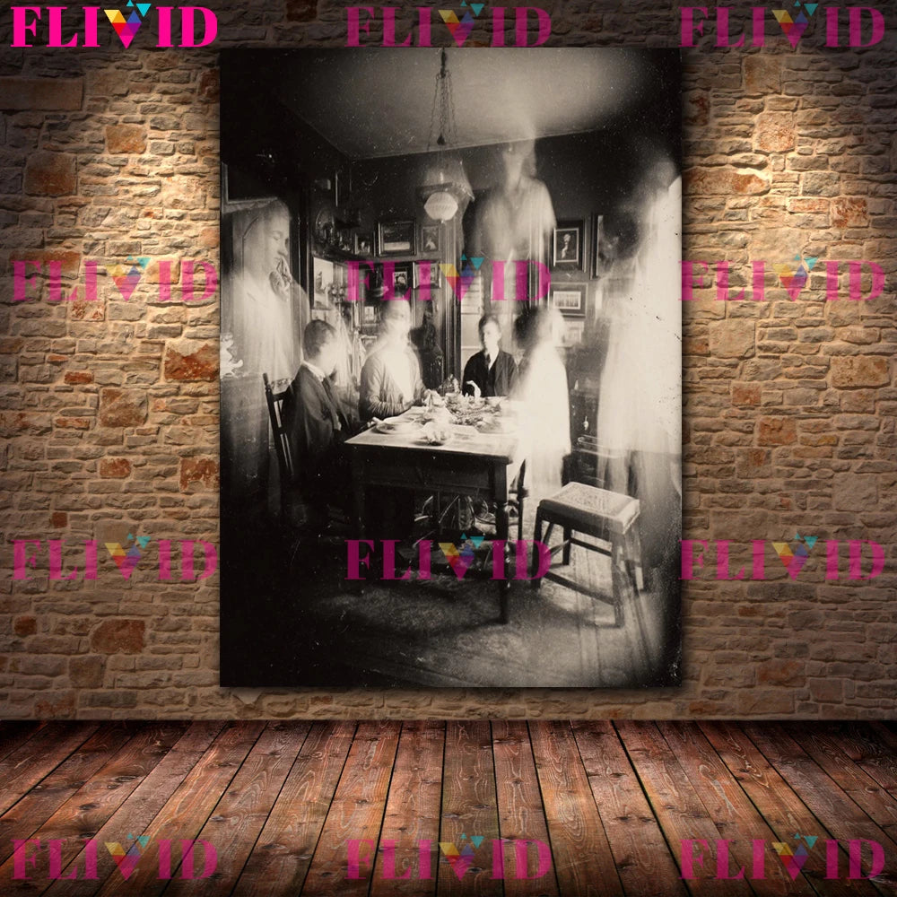 Ghost At The Dinner Table Vintage Horror Photography Wall Art Canvas Painting,Creepy Old Photo,Gothic Art Poster Print Decor