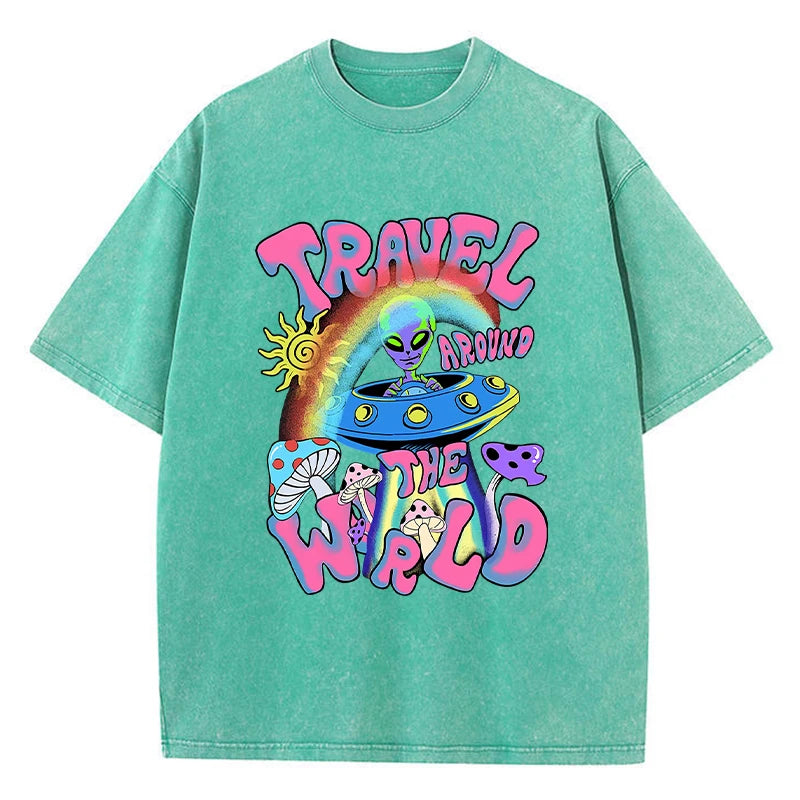 Alien Ufo Travel Around The World Print Women T-Shirt Soft Casual T Shirts Street Breathable Short Sleeve Casual O-Neck T Shirt