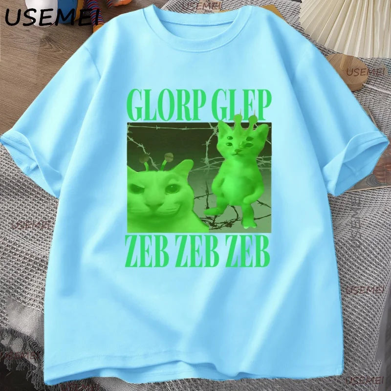 Green Alien Cat T Shirt Men Women Cat Meme Tee Silly Cute T-Shirt Cotton Short Sleeve Casual Round Neck Tshirt Streetwear