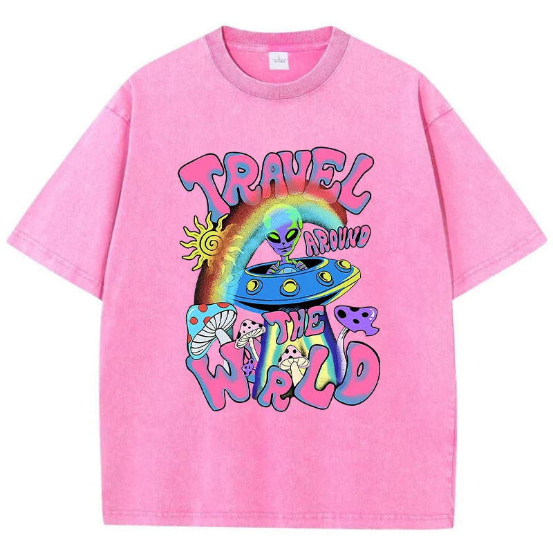 Alien Ufo Travel Around The World Print Women T-Shirt Soft Casual T Shirts Street Breathable Short Sleeve Casual O-Neck T Shirt