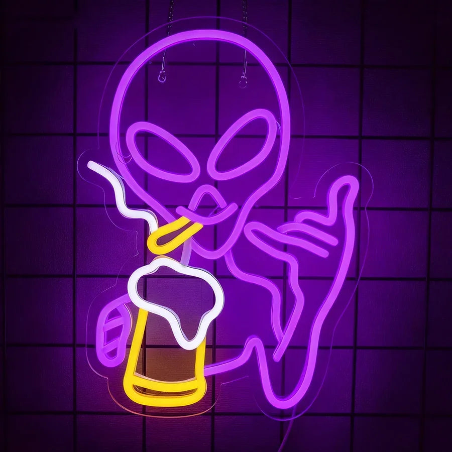 Alien Led Neon Lights Sign for Wall Decor Game Room Home Bar Party Bedroom Man Cave Decor, Gifts for Kids Teen Boy Room Decor