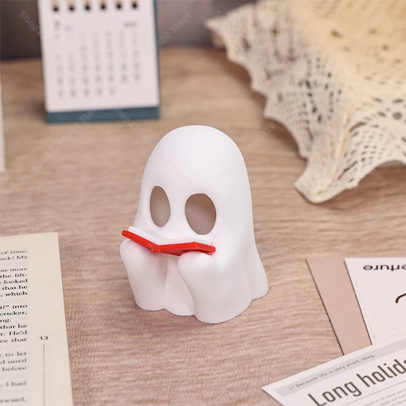 Reading Ghost Model Adorable Spirit Statue with Open Book, Spooky Cute Desk Decor for Halloween/Gifts
