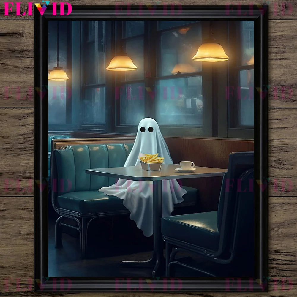 Ghost In Cafeteria,Ghost In Lavender Garden,Fantasy Wall Art Canvas Painting Funny Gothic Ghost Artwork Poster Print Home Decor
