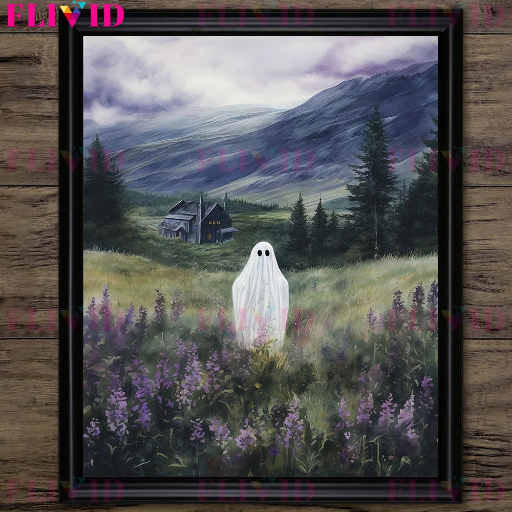 Ghost In Cafeteria,Ghost In Lavender Garden,Fantasy Wall Art Canvas Painting Funny Gothic Ghost Artwork Poster Print Home Decor