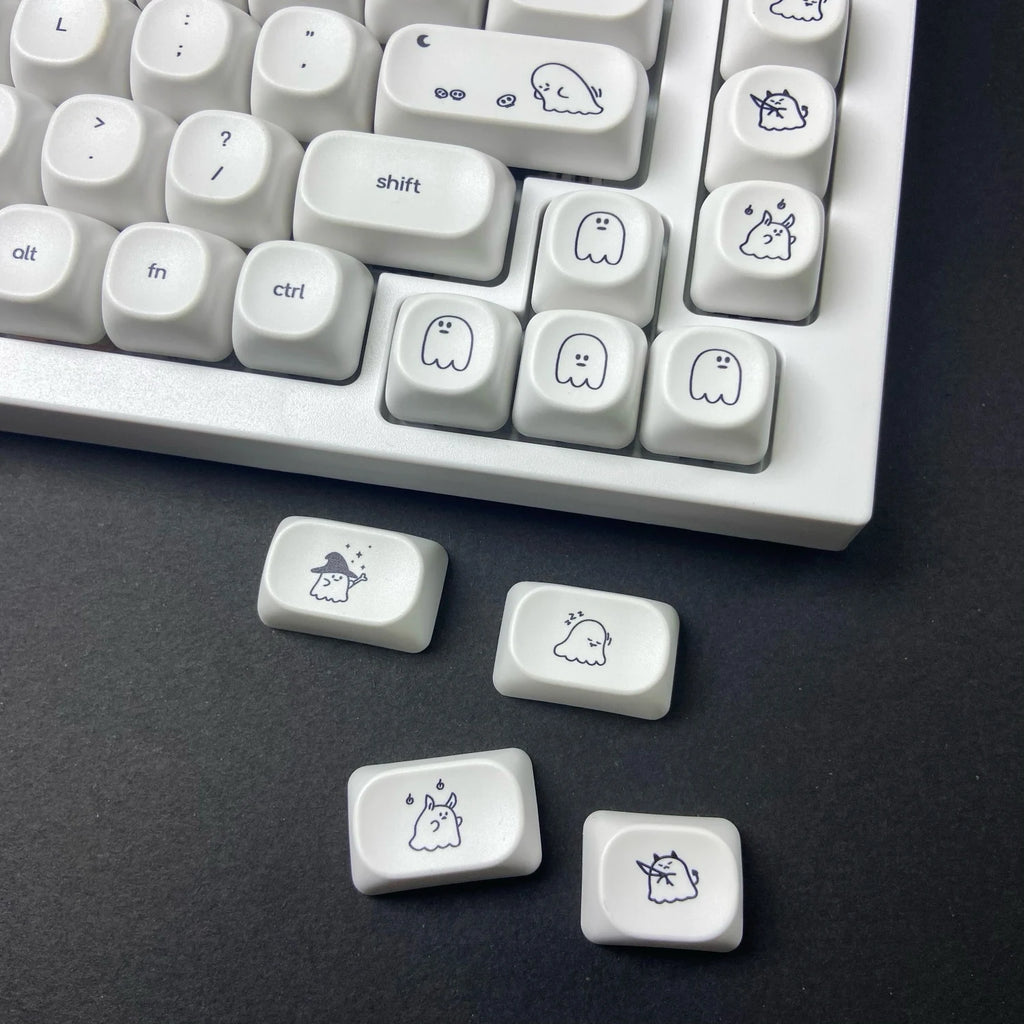 Cute Ghost Small Font Keycaps for Custom Mechanical Keyboard PBT MOA Ball Cap White Minimalist Keycaps Gaming Keyboard