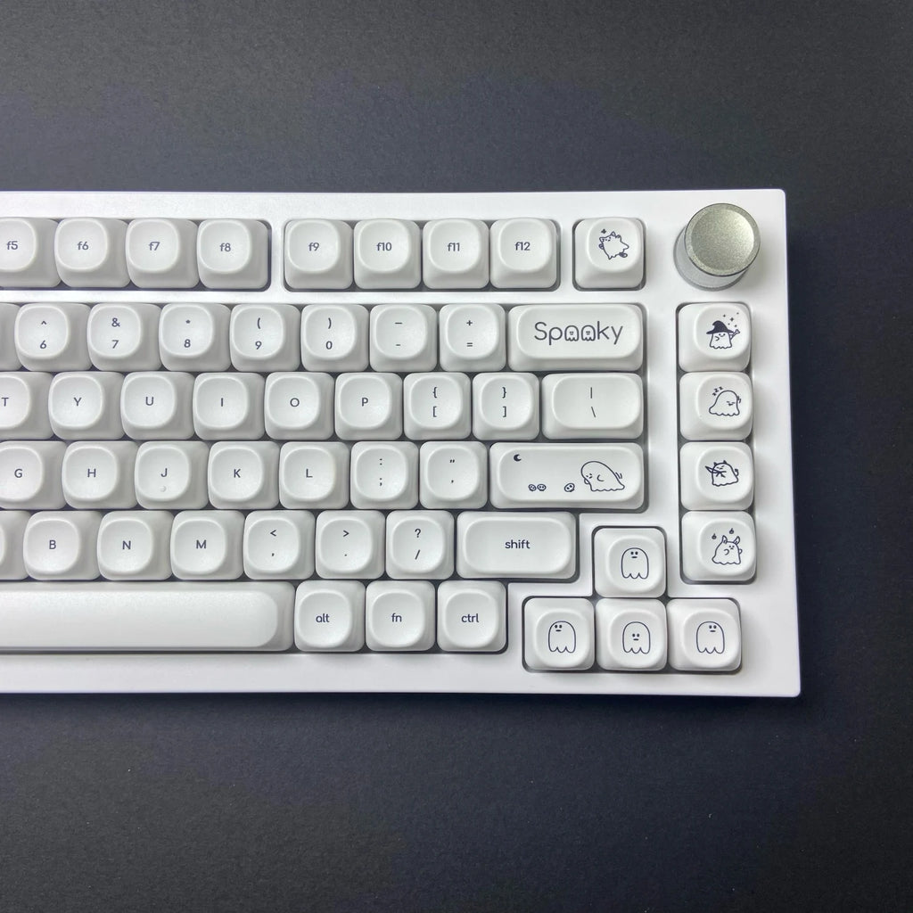 Cute Ghost Small Font Keycaps for Custom Mechanical Keyboard PBT MOA Ball Cap White Minimalist Keycaps Gaming Keyboard