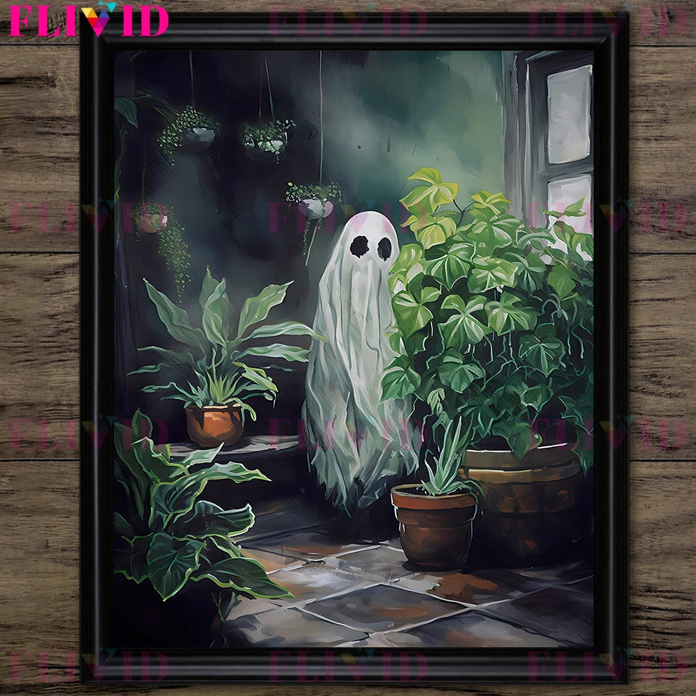 Ghosts Who Love Plants And Flowers Vintage Wall Art Canvas Painting Haunting Ghost Art Poster And Print For Living Room Decor