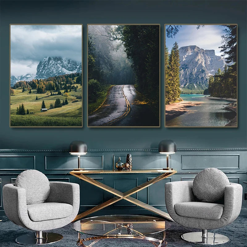 Beautiful Dark Green Forest Foggy Mountain Landscape Nature Scenery Poster Canvas Painting Wall Art Pictures Home Room Decor